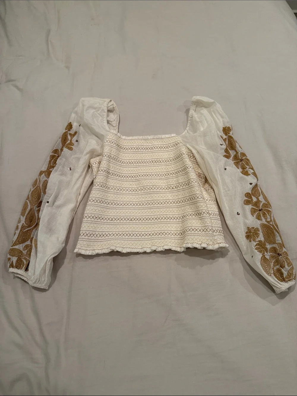Anthropologie White Cropped Smocked Top with Mustard Floral Sleeves